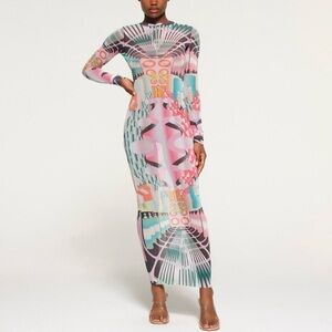 SKIMS Multicolor Pink & Teal Patterned Long Sleeve Maxi Dress